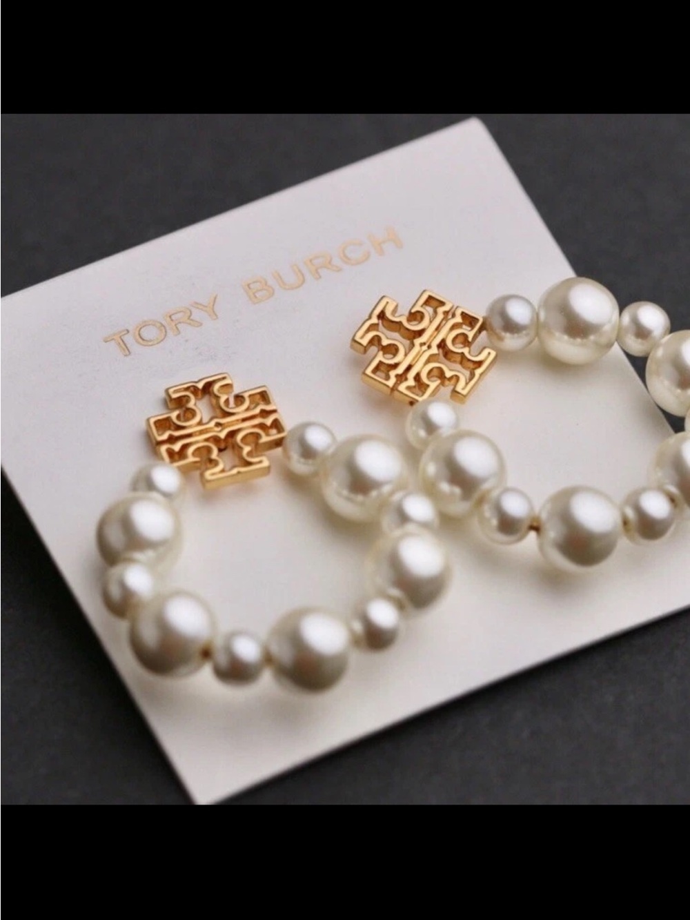 Tory Burch Gold Double T Logo Pearl Hoop Earrings - Cream Pearls